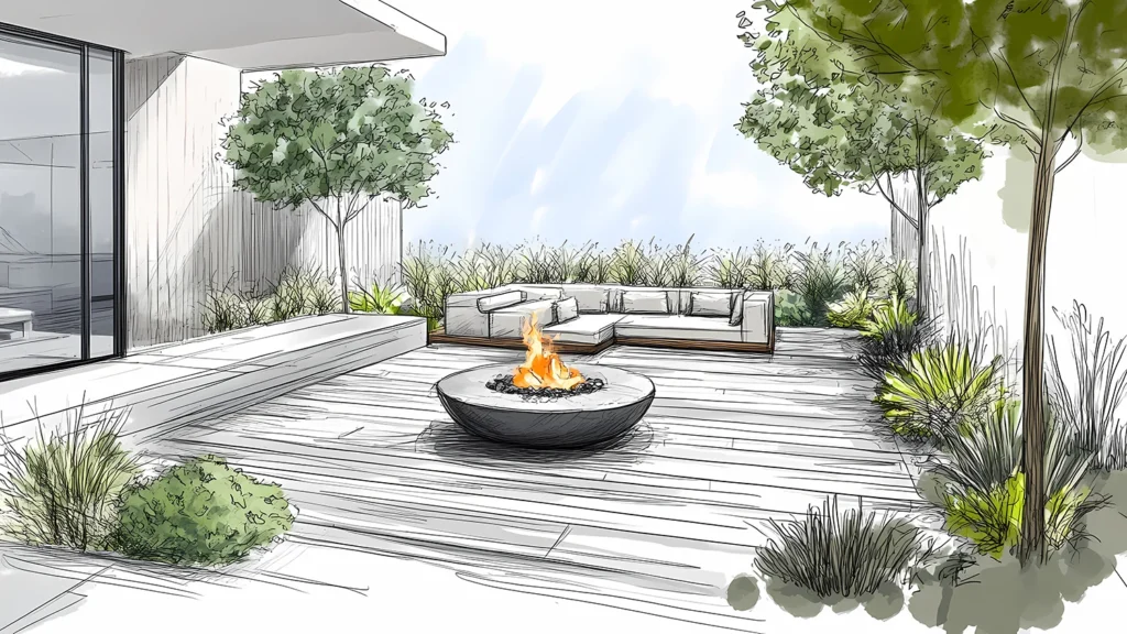 A meticulously crafted architectural rendering presents an inviting outdoor living space.