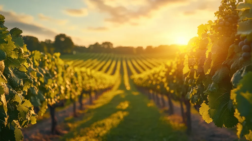 Bright Vineyard with Green Grass