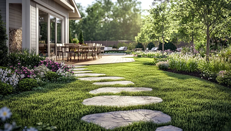 Create a Stunning Backyard Oasis with Stone Pathways, Lush Green Grass, and Vibrant Flowers, Enhancing Home's Curb Appeal.