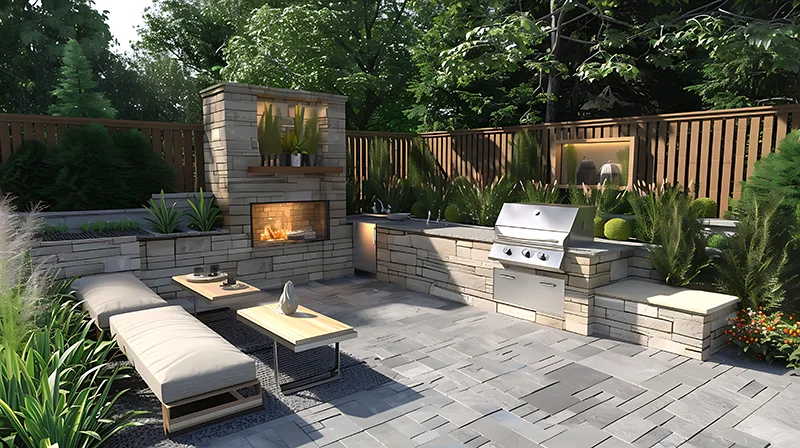 Outdoor kitchen and patio with fireplace lounge chairs