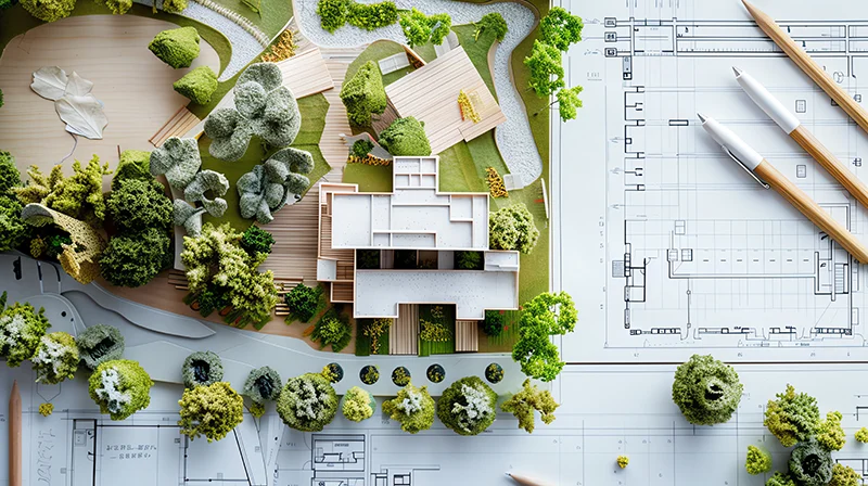 Architectural plans with landscape design on the desk