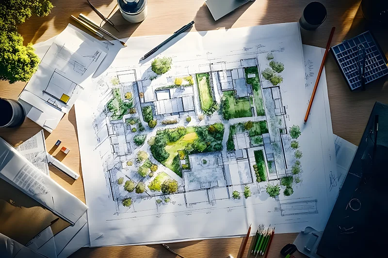 Architectural plans with landscape design on the desk. Top view 