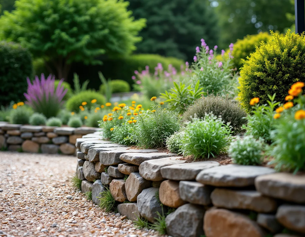 Landscaped garden with curved stone retaining wall