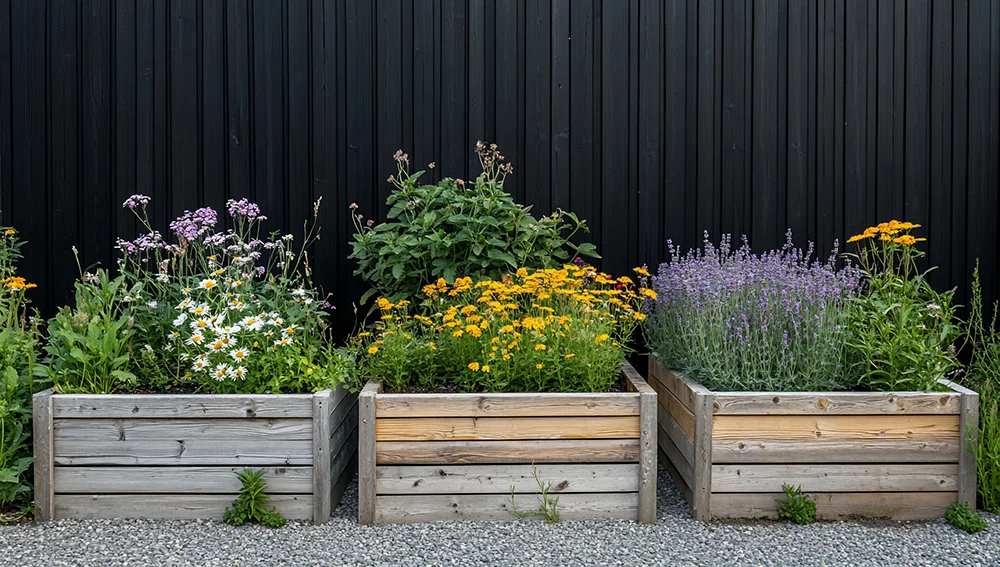 Three wooden planters with various flowers against a black wall.