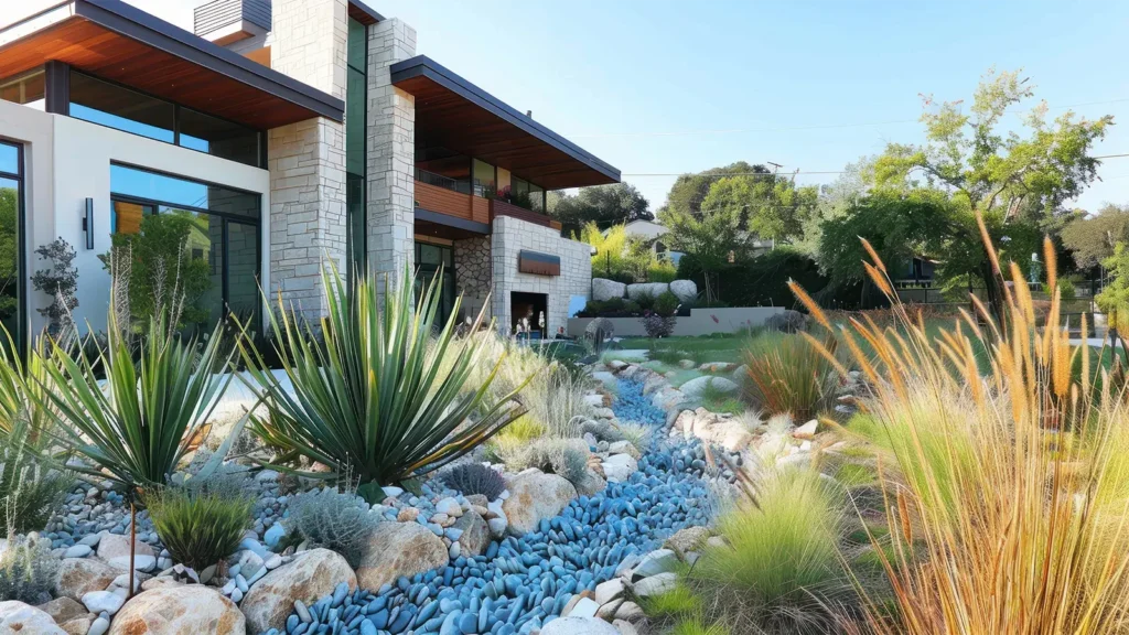 A modern home with a waterwise landscape, featuring dry creek beds, native grasses, and low-water plants