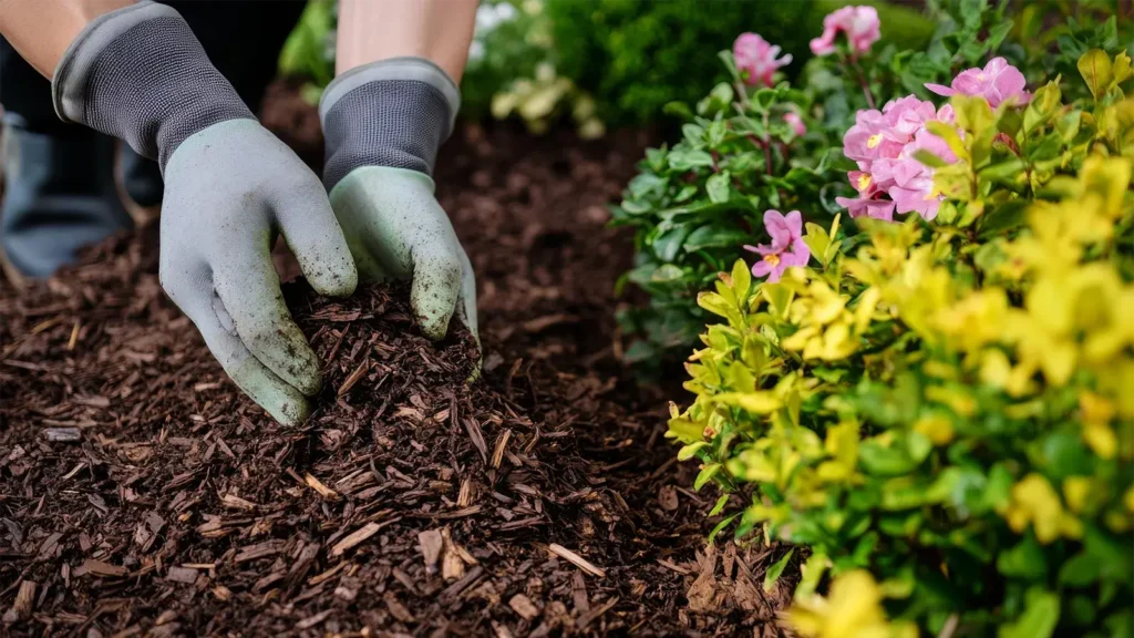 Gardener is Applying Mulch in a Beautifully Designed Landscape for Plant Care and Growth.