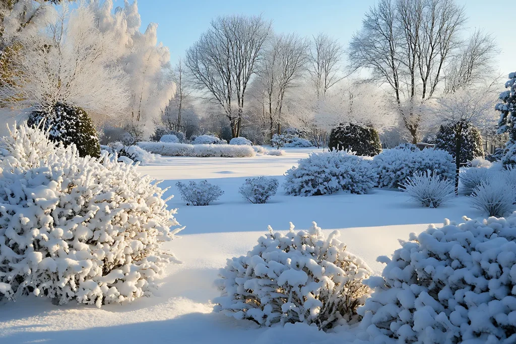 Serene winter garden landscape with snow covered bushes and trees under a clear sky