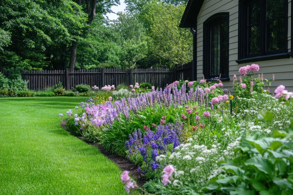 Traditional English landscaping with blooming perennials, green lawn, and fencing