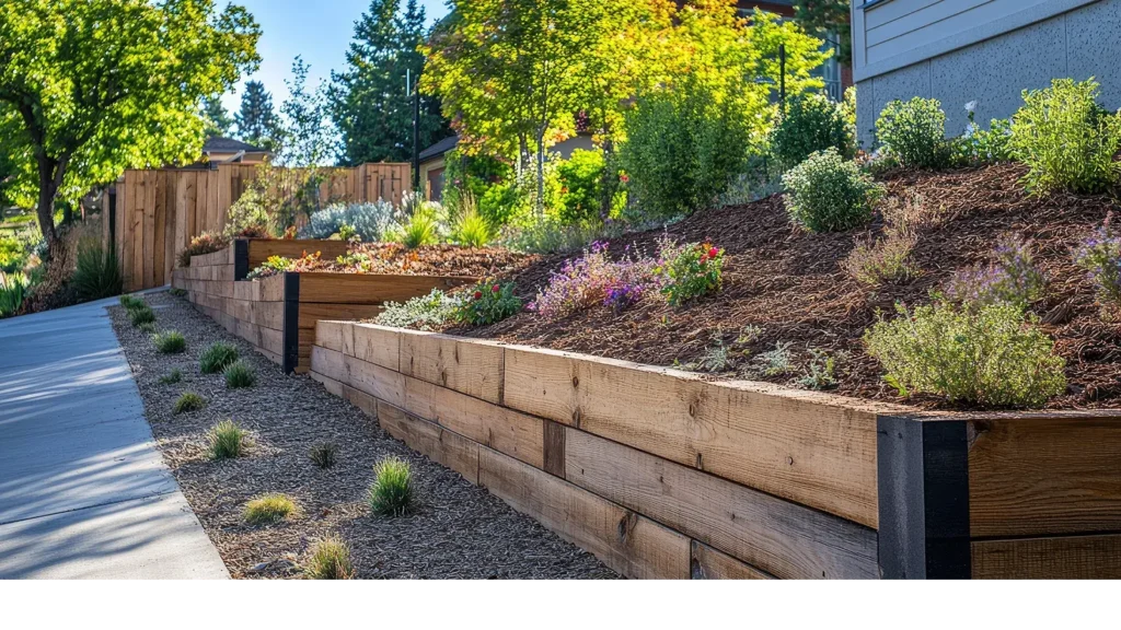 Wooden retaining wall in residential neighborhood enhancing landscaping and preventing soil erosion with vibrant gardens and greenery