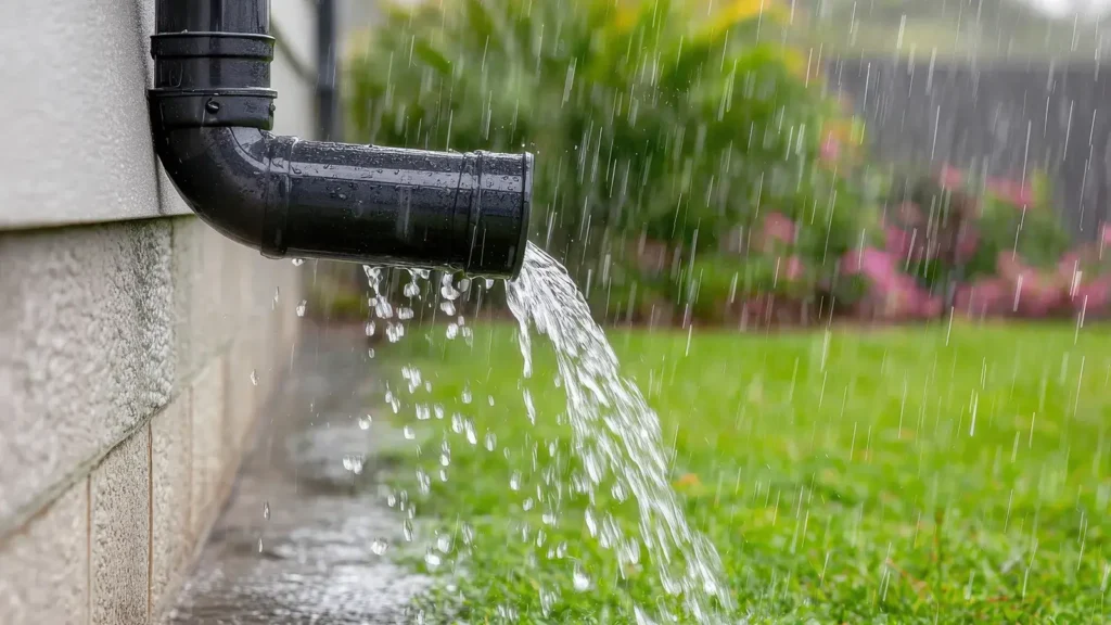 Water gushes from downspout on house during a heavy rainstorm