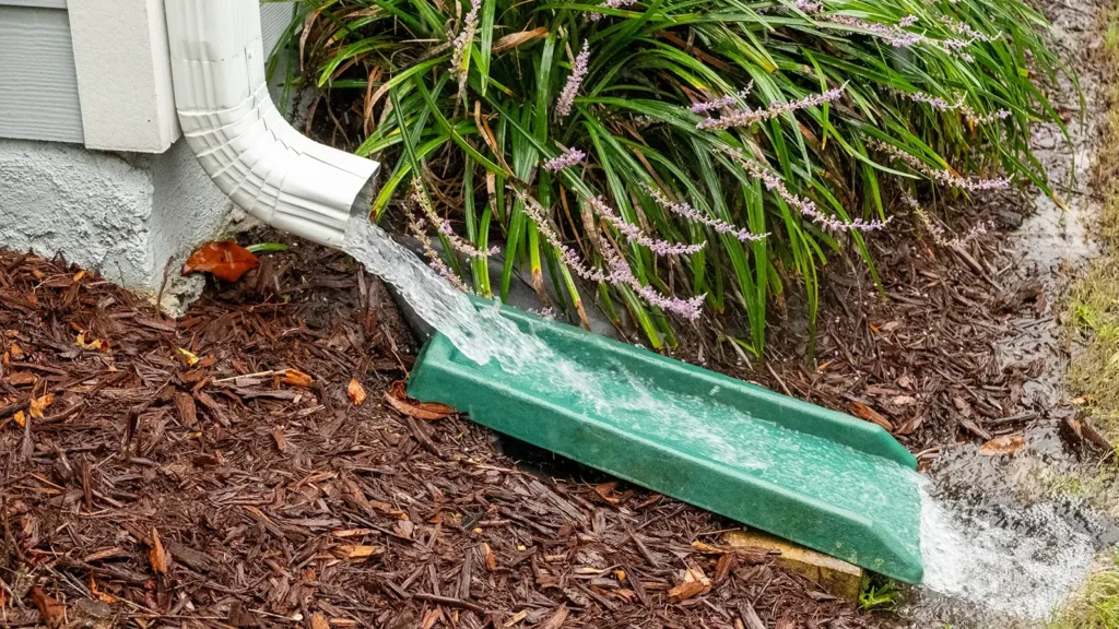 Water gushes from downspout on house during a heavy rainstorm