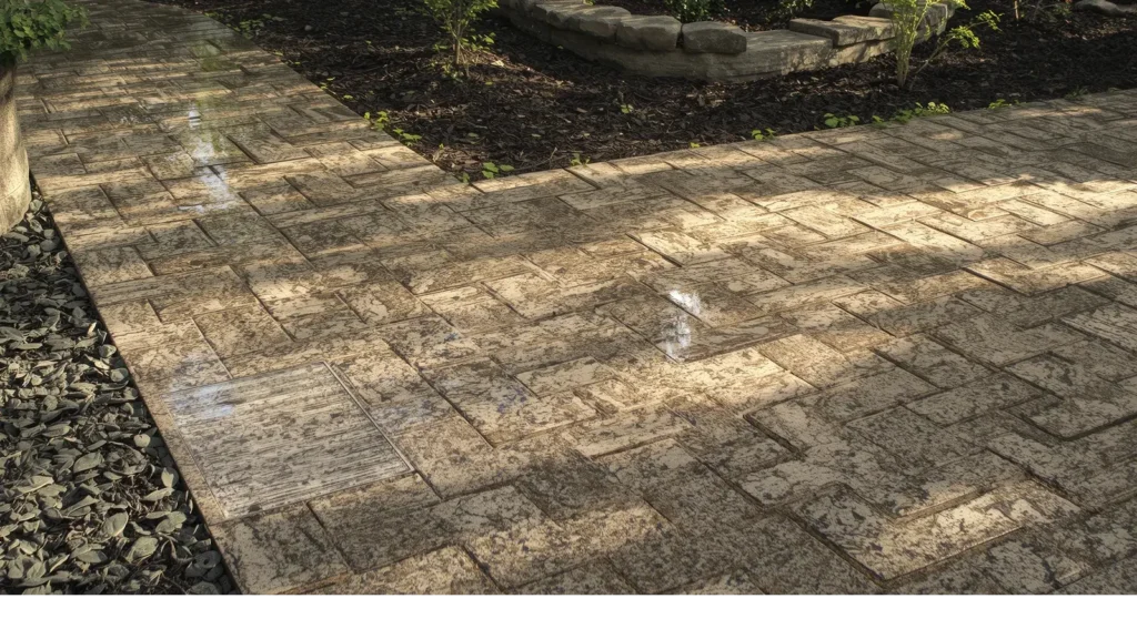 Colorful granite drainage hatch embedded in a walkway, focusing on material consistency and landscape design