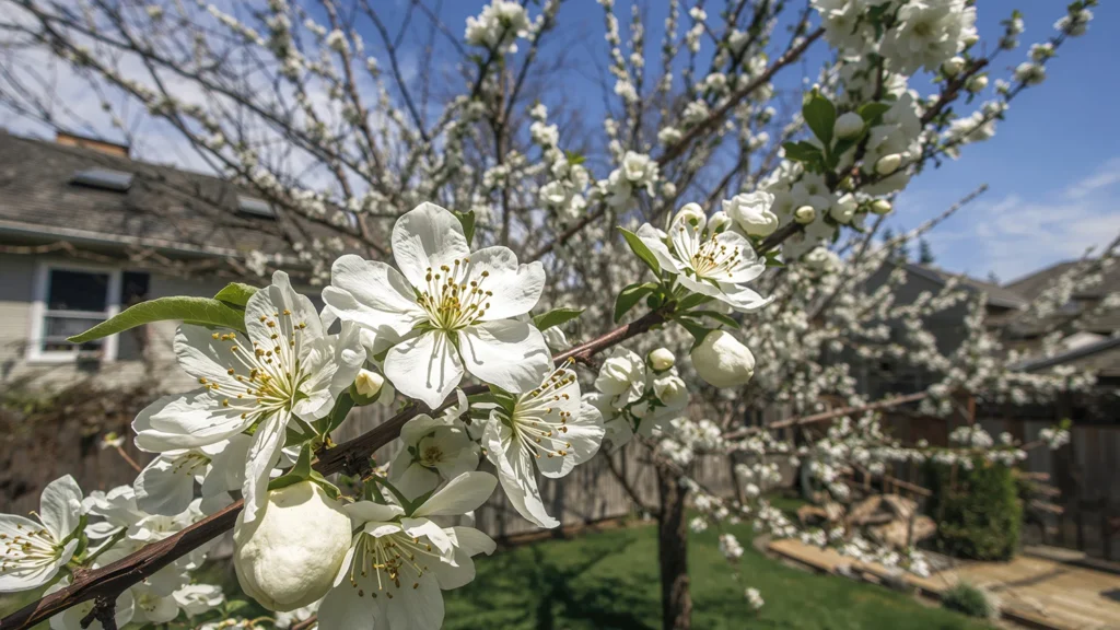 White pear blossom at a suburban residence during spring with a wooden fence and clear sky in the background