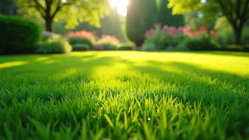 Close-up of green grass in garden with blurred background of trees and flowers.