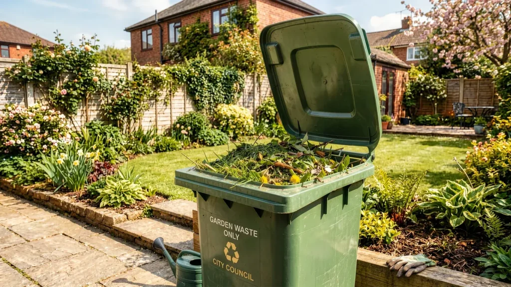 Garden waste bin full of vegetation after yard cleanup