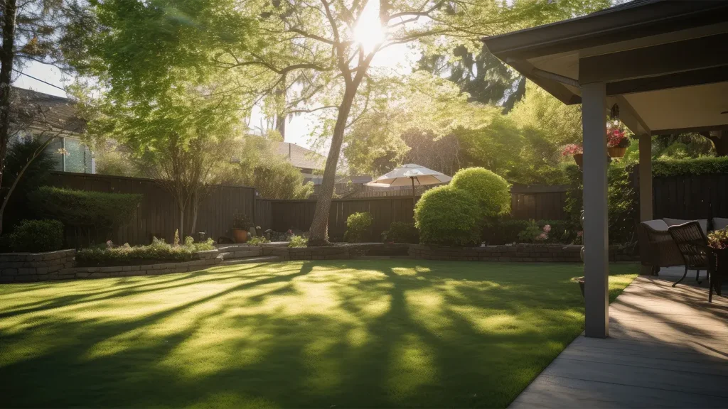 A sunny backyard with a well-maintained lawn, lush greenery, and a serene ambiance.