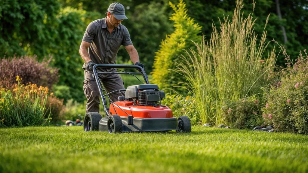 Gardener mowing grass with lawn mower in garden