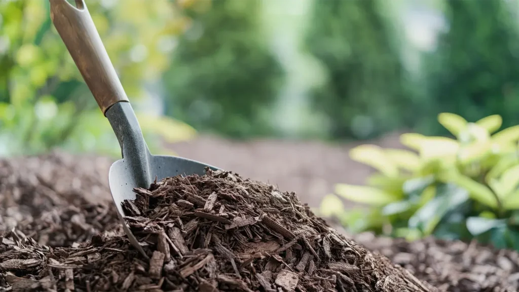 Shovel resting on top of large pile of freshly shredded hardwood mulch in beautifully landscaped garden, creating serene outdoor space.