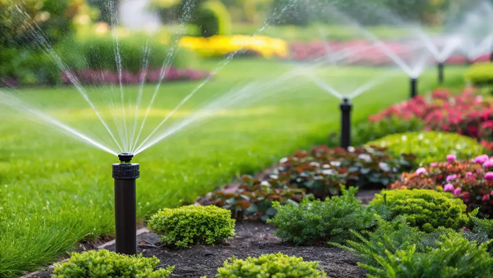 A medium closeup of a lush garden with several newly installed sprinklers poised to water different plant beds highlighting their strategic placement