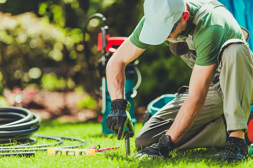 Gardener Installing Irrigation System While Working on Green Lawn in Sunny Backyard