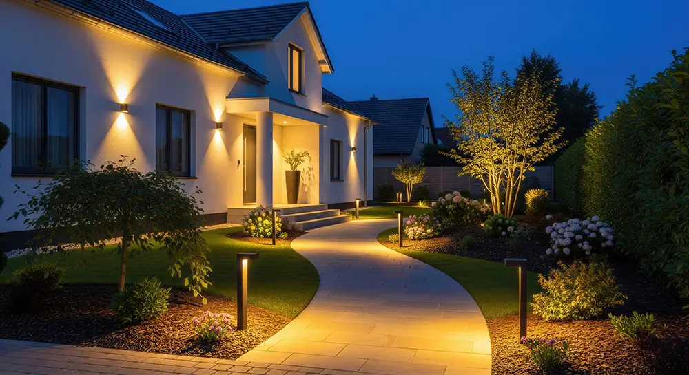 Modern suburban house exterior at night with illuminated garden pathway and landscape lighting