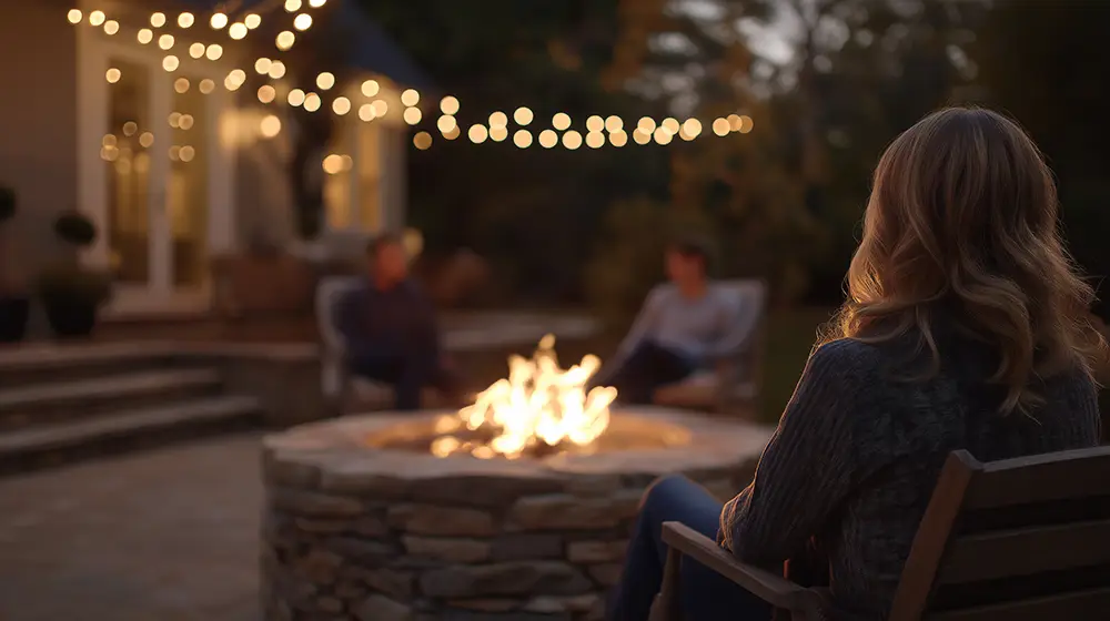Woman relaxing by a backyard fire pit at night