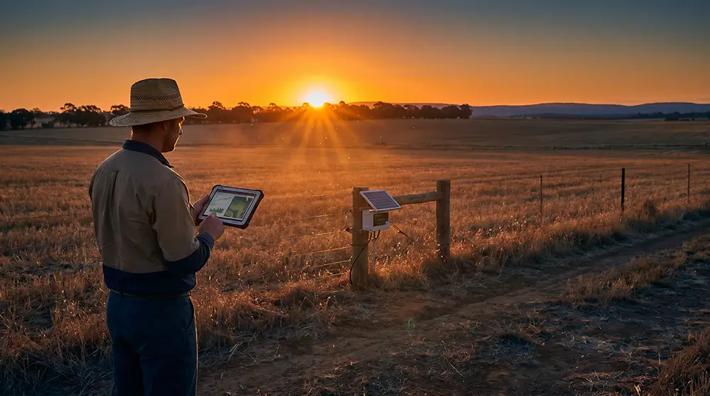 Smart irrigation controller mounted on a weathered fence post in a dry summer field