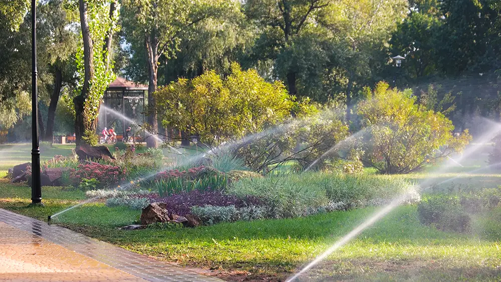 Pouring grass and flowers by irrigation water system