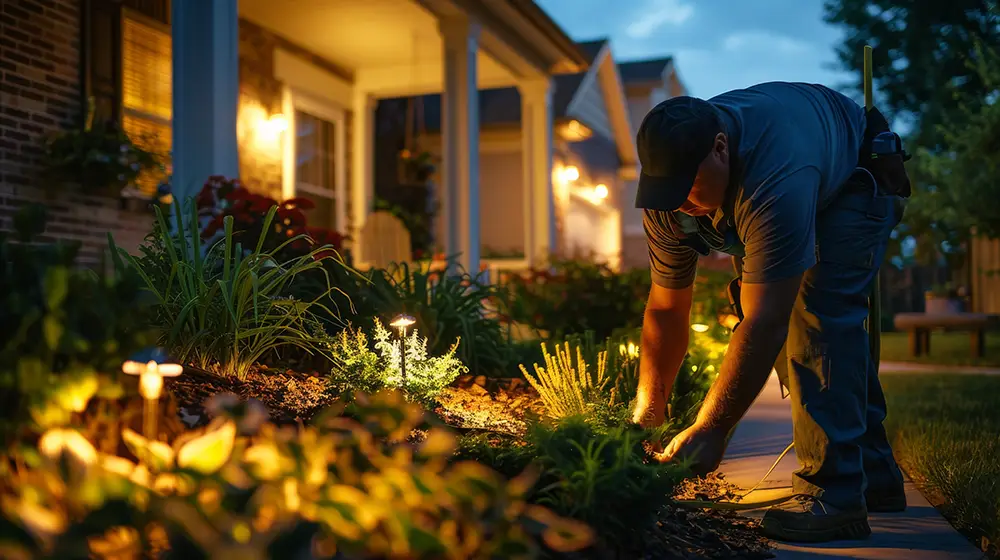 Worker installing outdoor pathway lighting fixtures in a residential front yard enhancing curb appeal and safety for nighttime navigation