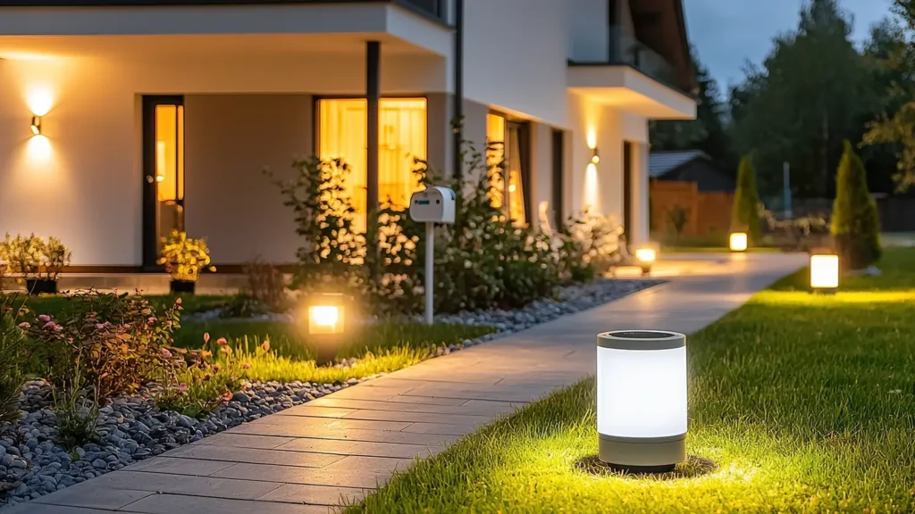 A modern outdoor space featuring a well-lit pathway and stylish lanterns, enhancing the serene atmosphere of a contemporary home.
