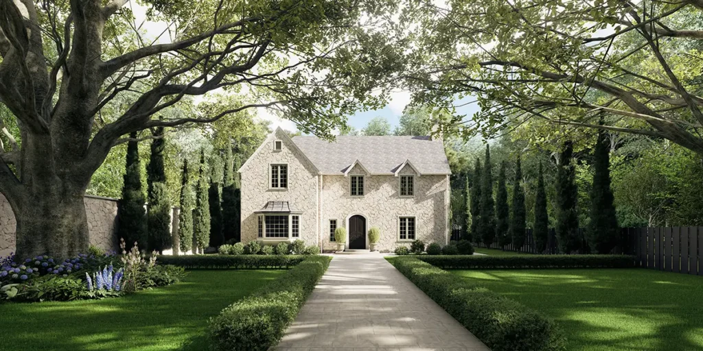 Stately white home in the background. A green lawn, trees, and pathway are in the foreground.
