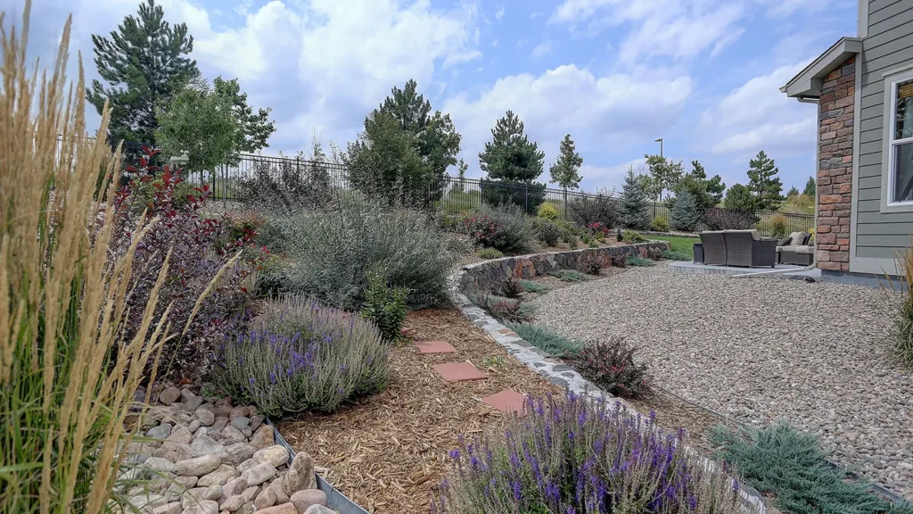 modern xeriscaping in a yard that consists of hardscape materials and native vegetation