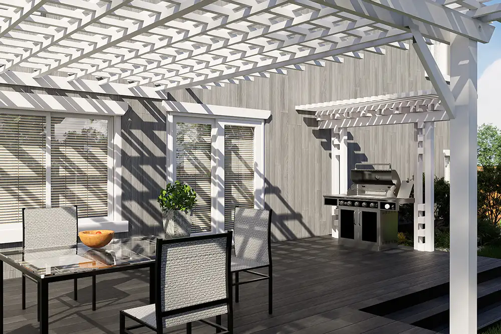 Modern backyard deck with white pergola, outdoor dining table, and professional BBQ grill station, architectural 3D render of luxury patio living space.