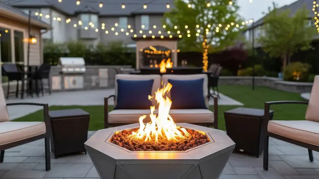 outdoor fire pit with seating area illuminated by string lights at dusk in backyard setting