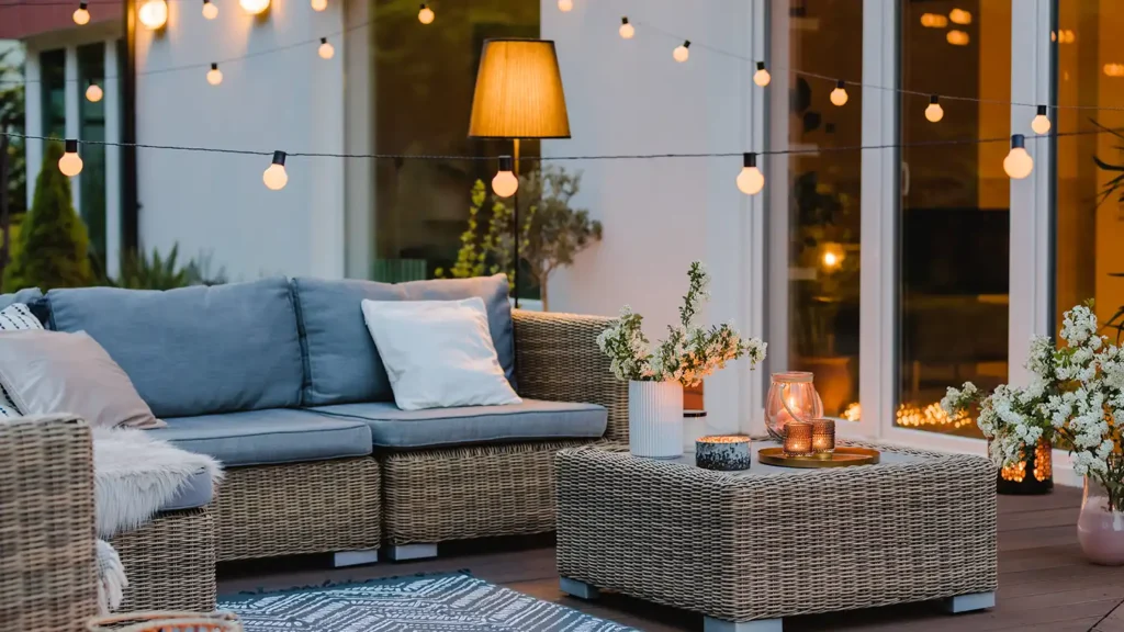 Outdoor lighting for a suburban backyard patio with wicker furniture